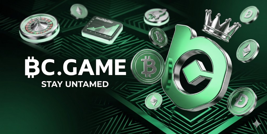 BC.Game review banner with emerald neon theme and crypto visuals.