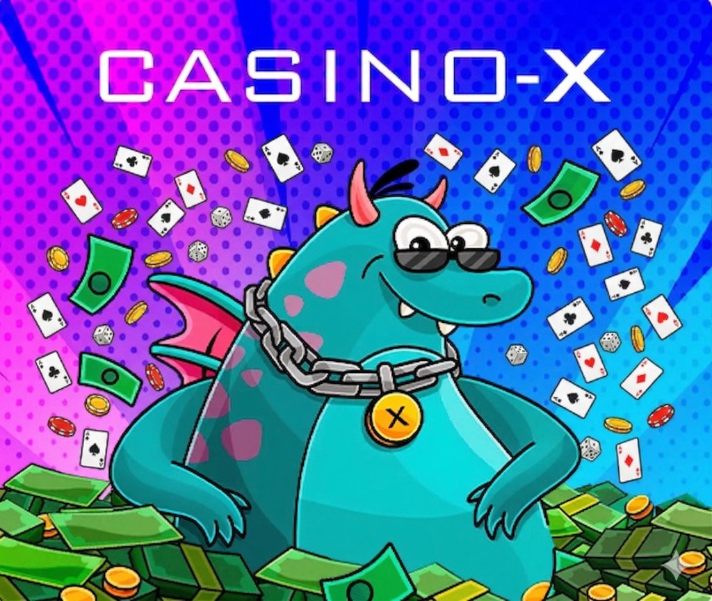 Casino-X review banner with turquoise dragon, casino chips and Casino-X emblem.