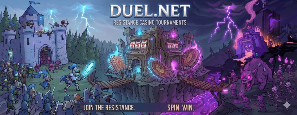 Duel.net resistance casino tournaments — замок рыцарей против крепости монстров, слот-машины и рулетка на канатном мосту между ними, электрические молнии в ночном небе.
