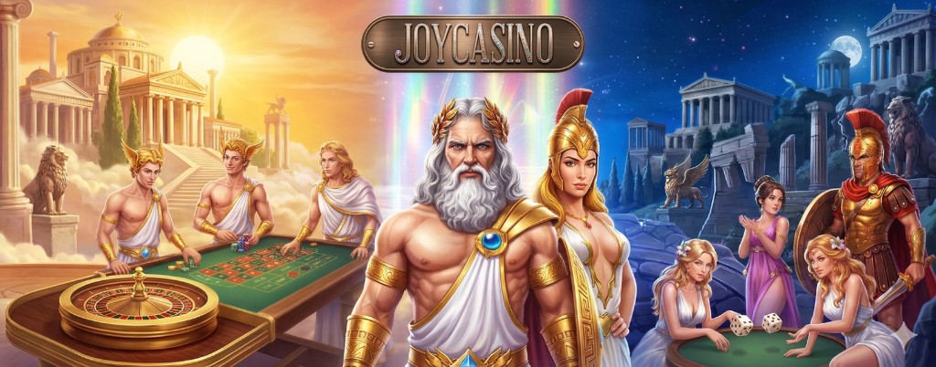 JoyCasino review banner with Olympus split-daylight design, roulette and dice motifs.