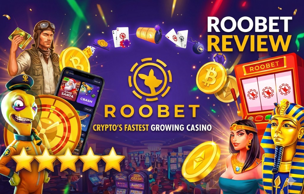 Roobet review banner with kangaroo branding, purple palette, and crypto visuals.