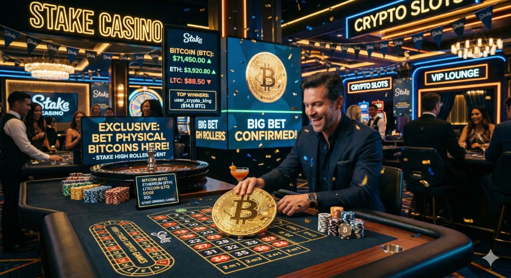 Stake review banner with luxury crypto casino mood, roulette and bitcoin visuals.